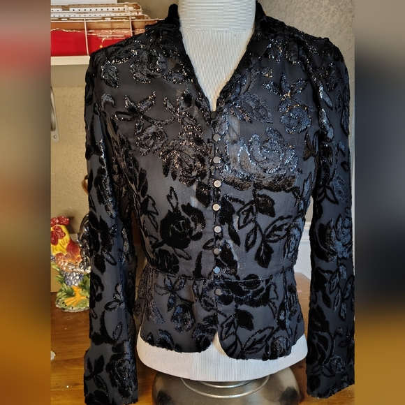 Talbots Tops - Talbots Black Velvet Lace Floral Blouse Size 2p